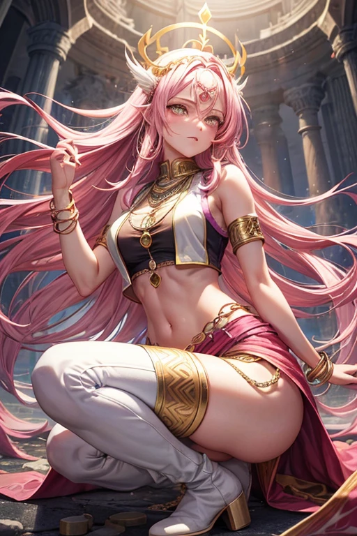 Woman in her 30s, long pink hair, long messy hair, yellow eyes, djinn clothing, open white sleeveless vest, pink vest with white Arabic print, white Arabic pants, gold belt, djinn bracelet with gems, blue boots, boots brown, phosphorescent purple tattoos, surrounded by fire and smoke brushed with magic circles with chains tied to hands and feet surrounded by white chains on a background of Arab ruins. with magic circles and a crown of fire on his head, slim build