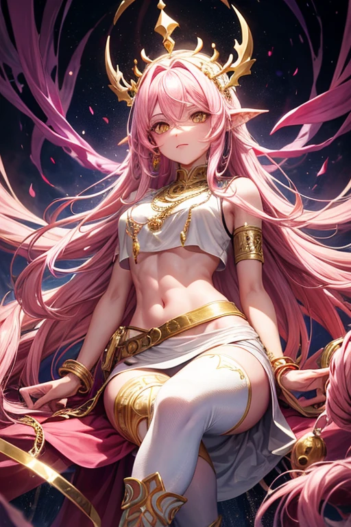 Woman in her 30s, long pink hair, long messy hair, yellow eyes, djinn clothing, open white sleeveless vest, pink vest with white Arabic print, white Arabic pants, gold belt, djinn bracelet with gems, blue boots, boots brown, phosphorescent purple tattoos, surrounded by fire and smoke brushed with magic circles with chains tied to hands and feet surrounded by white chains on a background of Arab ruins. with magic circles and a crown of fire on his head, slim build