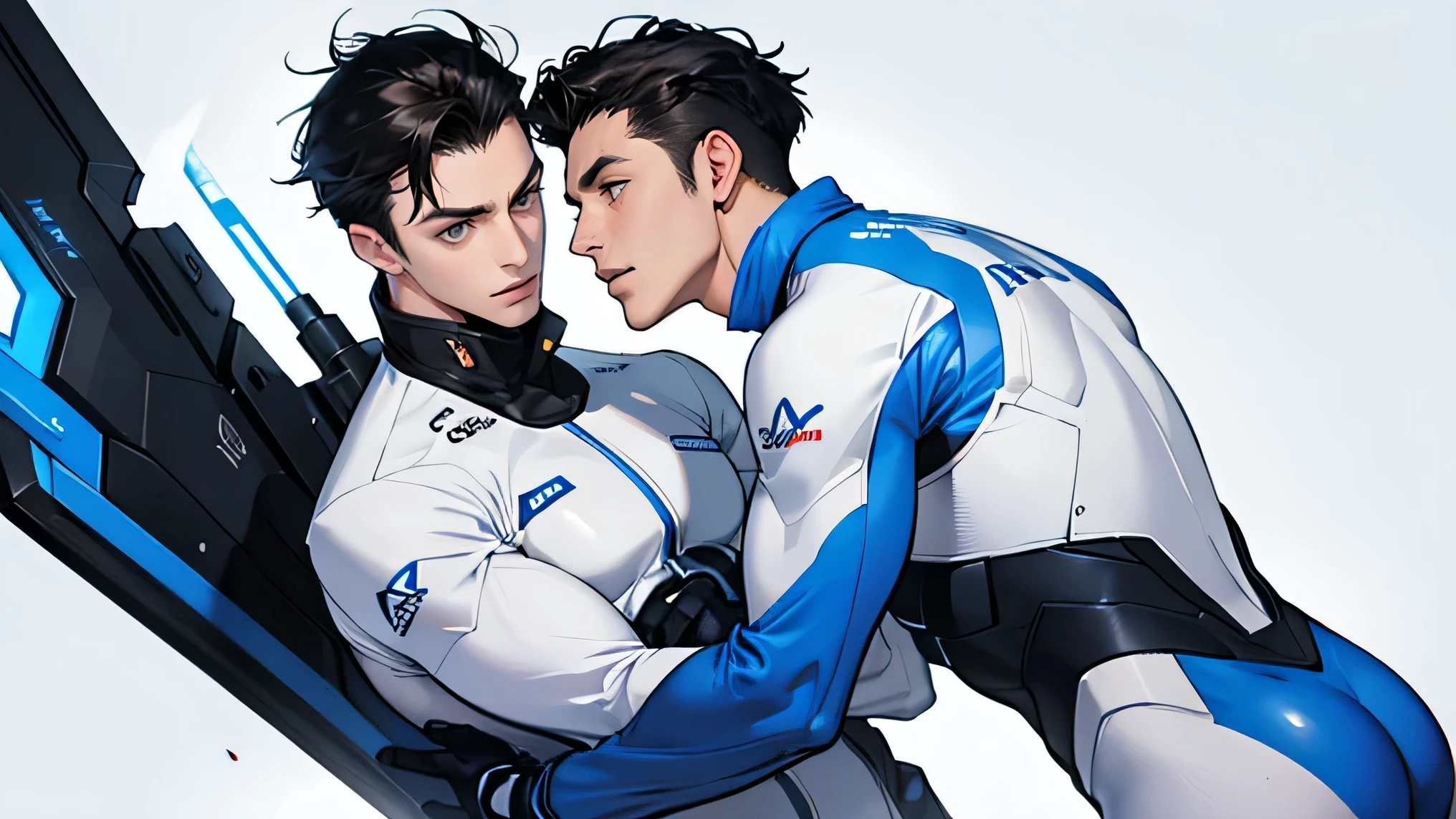 Two handsome guys of the same height　Two handsome 28-year-old cyborgs of the same height 　　future　universe　Science fiction　The background is the galaxy universe　A very tight white and blue rubber suit　Plug Suit　Gloves　Both look at the camera　White bulge　Same height　　　　Two people with very short, black hair　 up　They both have black hair and brown eyes.