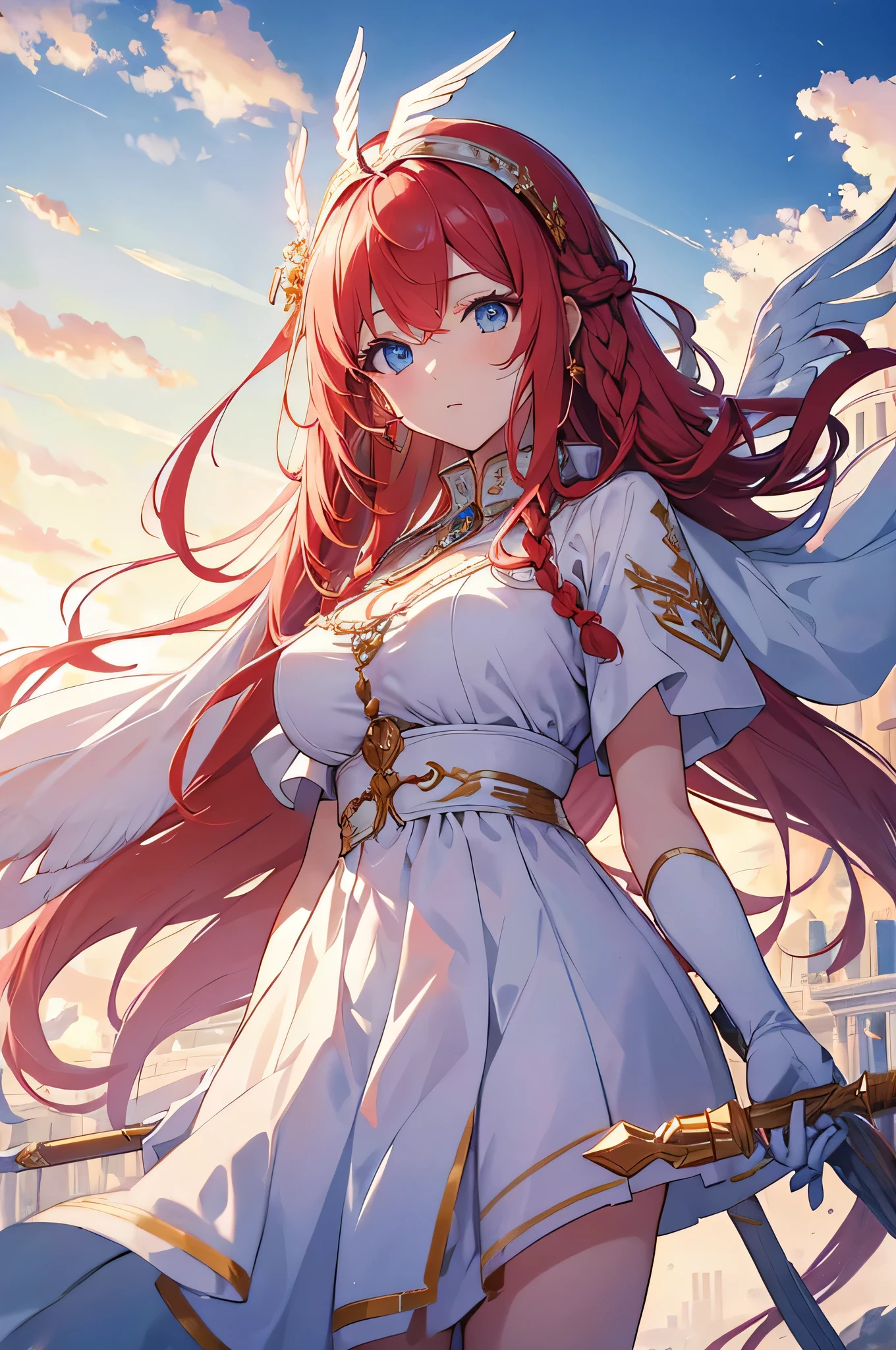 4k,High resolution,One Woman,White red hair,long hair,Braid,Blue Eyes,Big Breasts,Athena,White Holy Dress,White Holy Glove,Winged headgear,Jewelry decoration,Gold decoration,Holy Spear,Temple in the Sky