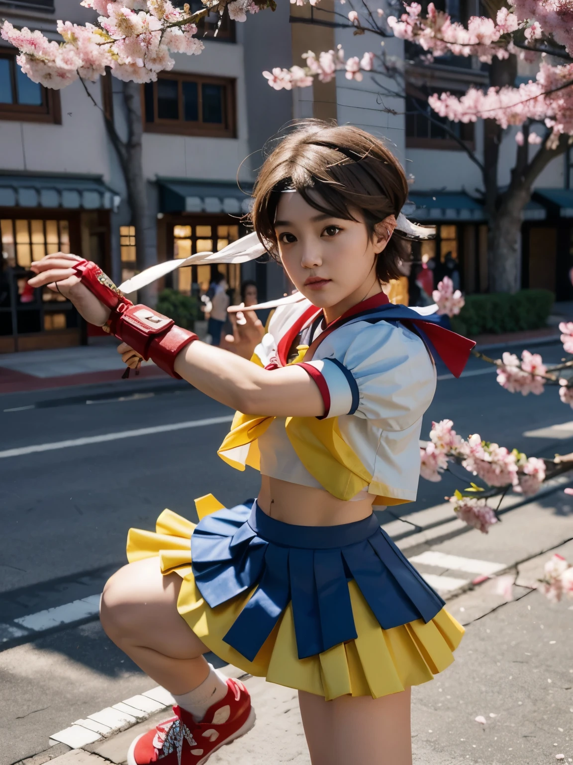(masterpiece), (best quality), ultra high res, professional artwork, ultra detailed, intricate, detailed face, perfect lighting, 1girl, kasugano sakura, brown eyes, brown hair, short hair, bangs, ahoge, headband, serafuku, puffy sleeves, crop top, yellow neckerchief, pleated skirt, fingerless gloves, thighs, white socks, red footwear, fighting stance, punching, (cowboy shot, far shot), cherry blossoms, falling petals, beautiful background
