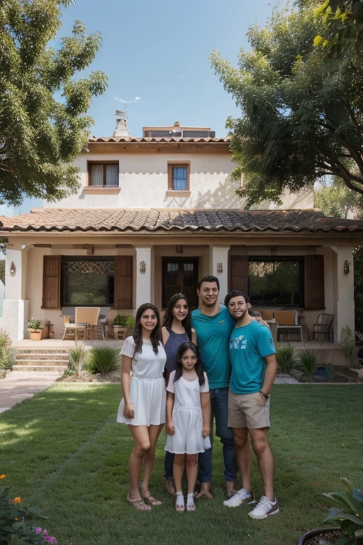 Create an image of a cozy home using warm, welcoming colors like sky blue, verde, y tonos neutros para transmitir confianza y comodidad. La casa debe estar ubicada en un entorno agradable, with a well-kept garden. Frente a la casa, una familia feliz (two adults and two kids) debe estar sonriendo y disfrutando del tiempo juntos, simbolizando tranquilidad y bienestar. Usa fuentes claras y legibles para el texto, con el descuento "15% de Descuento" featured in a larger, bolder font. Includes a calendar highlighting the deadline: "Antes del 30 de junio". Make sure all elements look clear and harmonious in the composition.