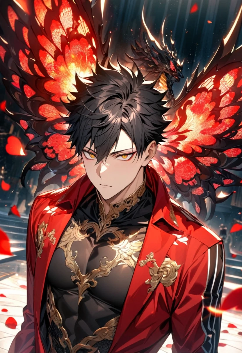 Ultra detailed, Highres, absurdres, HDR, Kuroo Tetsurou, black hair, expressive golden eyes, red coat with patterns, Haikyuu, black shirt, fantasy, glittering red butterflies, ruby, petals, handsome, sexy man, very detailed eyes and face, master piece, glittering, red lotus, handsome, toned chest, magical, best quality, perfect features, glass sculptures