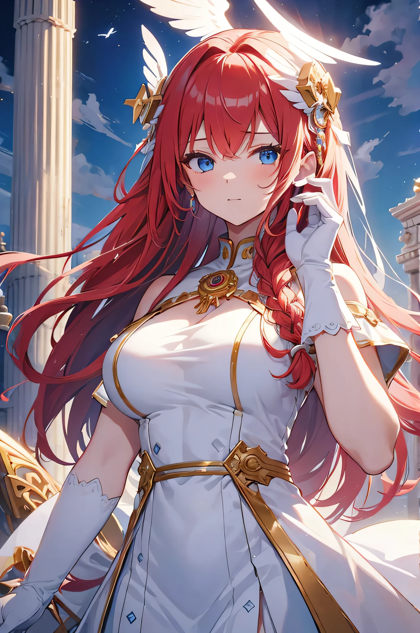 4k,High resolution,One Woman,White red hair,long hair,Braid,Blue Eyes,Big Breasts,Athena,White Holy Dress,White Holy Glove,Winged headgear,Jewelry decoration,Gold decoration,Holy Spear,Temple in the Sky