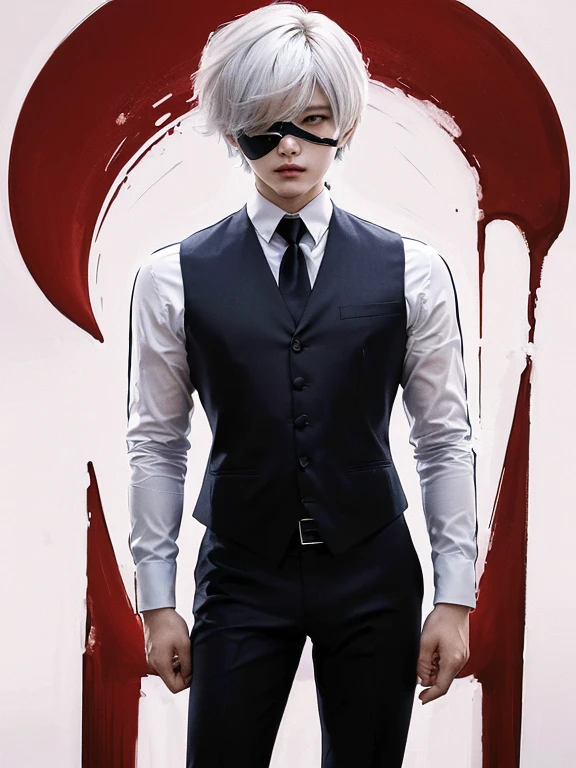 ((ultra realista)), ((imagem perfeita)), ((rosto perfeito)), ((ultra detalhado)), ((corpo inteiro)), um garoto usando um tapa olho com cabelo branco e colete e gravata pretos, Ken Kaneki, he is wearing a suit, Kaneki Ken, terno escuro, em um terno rigoroso,