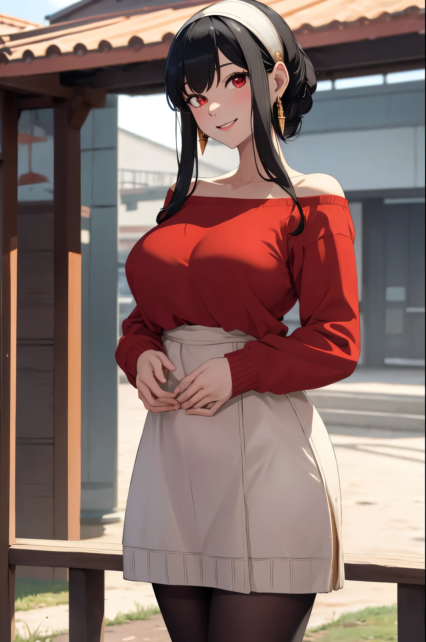 masterpiece, best quality, highres, bbyorf, short hair with long locks, white hairband, red eyes, gold earrings, ((large breasts)), jewelry, (off shoulder), Red sweater, sweater dress, long sleeves, black pantyhose, outdoors, standing cowboy shot, smile, nsfw, plump