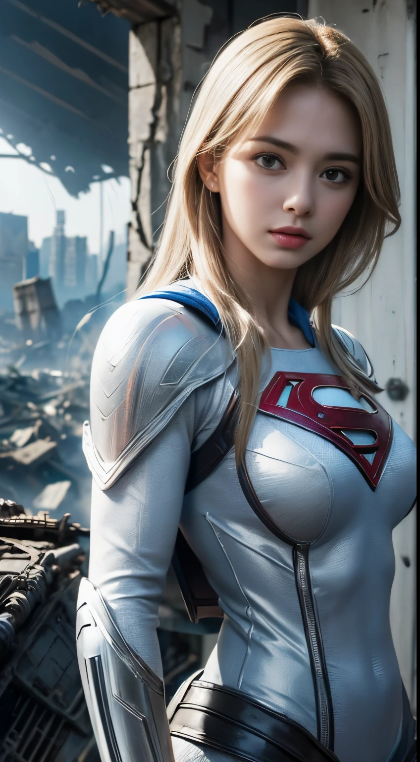 (White Superhero Theme Supergirl),( Apocalyptic city destroyed:1.4),(Superchica:1.4), (cabello blanco canoso ),More detailed 8K.motor irreal:1.4,UHD,La mejor calidad:1.4, fotorrealista:1.4, textura de la piel:1.4, obra maestra:1.8,obra-prima, mejor calidad,objeto Objeto], (detailed face features:1.3), (manos Detallado:1.4),