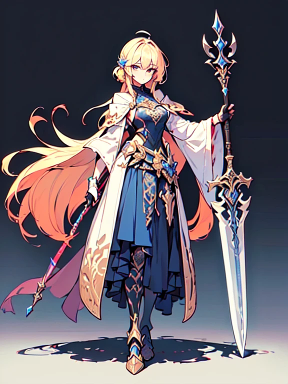 Design a layout showcase Gaming character, (1girl). Golden+Purle clothes, stylish and unique, ((showcase weapon:1.4)), magic staff, (masterpiece:1.2), (best quality), 4k, ultra-detailed, (Step by step design, layout art:1.5), (luminous lighting, atmospheric lighting), magican, ((glove full hands)), (((revealing clothes:1.3))), vambraces, armored legwear, (((full_body_shot:1.4)))
