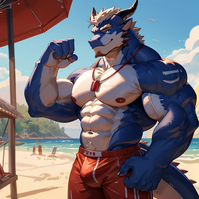 1 male big,strong,muscular, huge,thick neck,good looking,blue eyes,blue,dragon,as a lifeguard,on the beach,shirtless,looking and facing towards you,showing you his muscular pecs and arms,flexing towards you,only wearing a red shorts,having a red collar on,he has a very huge penis,his penis is visible to you,he has cum on his penis,he's smiling at you,he is shirtless and showing you his upper naked body