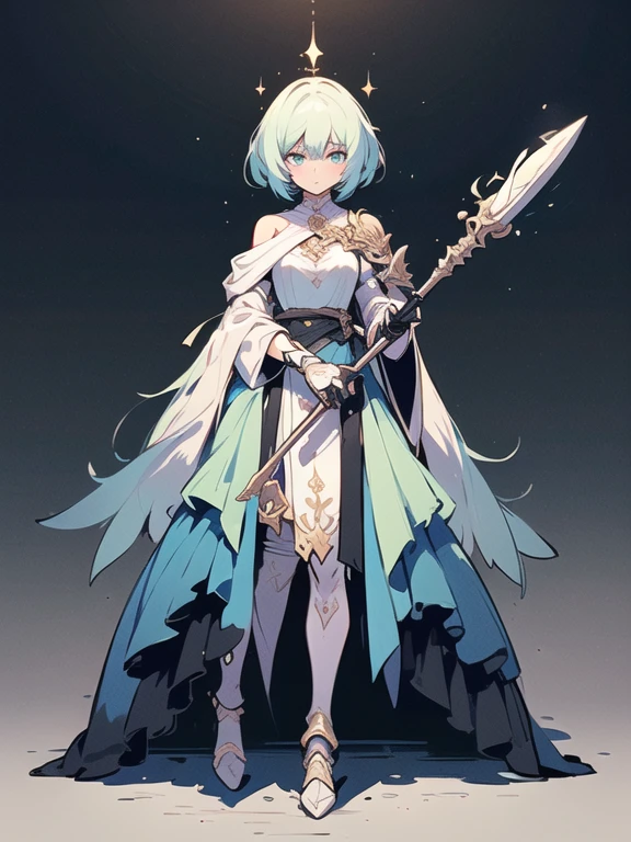 Design a layout showcase Gaming character, (1girl). Golden+Purle clothes, stylish and unique, ((showcase weapon:1.4)), magic staff, (masterpiece:1.2), (best quality), 4k, ultra-detailed, (Step by step design, layout art:1.5), (luminous lighting, atmospheric lighting), magican, ((glove full hands)), (((revealing clothes:1.3))), vambraces, armored legwear, (((full_body_shot:1.4)))