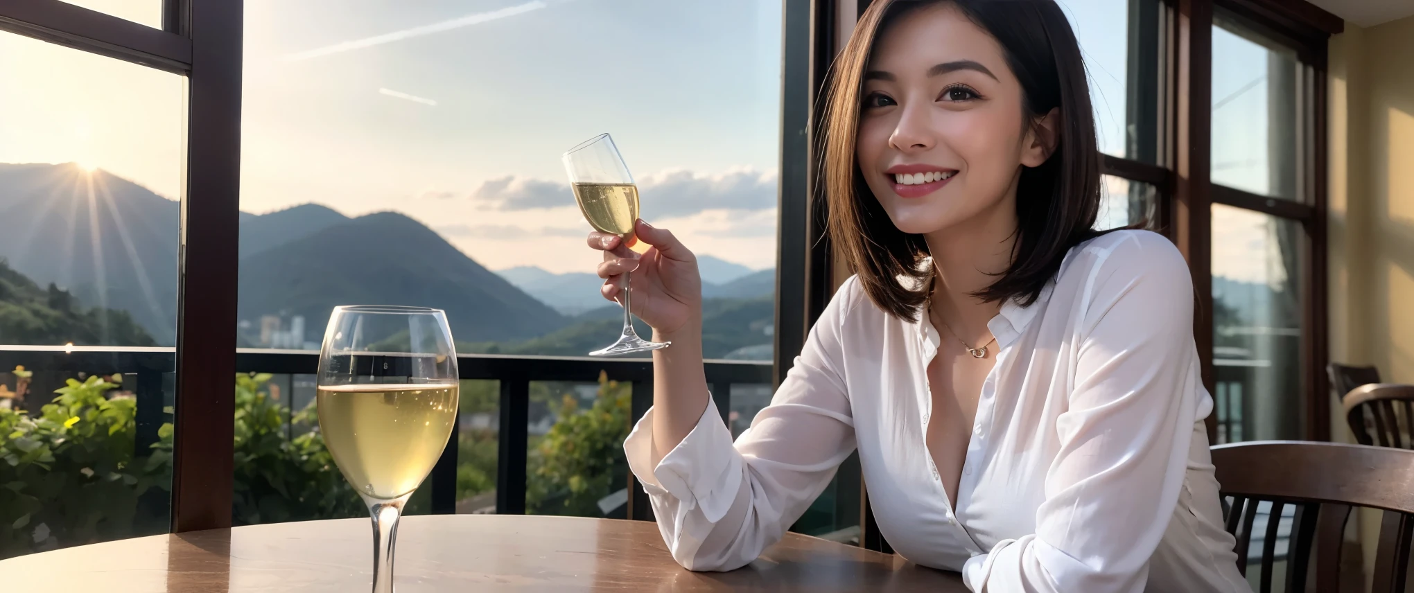 ((highest quality、8k、masterpiece:1.3))、1 male、1 female、Couple、spouse、Couple、Slim body、((Bob Hale、Straight hair:1.2)), (Realistic, Intricate details:1.2), Wine glass on the table、Shine light on your face、 Amazing view of the sunset sky and clouds、Amazing mountain views、A bright smile、The wonderfulness of smile、Bright image、The beauty of wine, Beautiful Face, blue eyes, The light shines on your face, Blushing, short hair,Bright Face、 (Age 37), 34 years old, red wine 、Appetizers、Italian food、Wine bottle、Champagne、sparkling wine、Two beauties、Brown Hair、Shortcuts、Long sleeve shirt、dress、Pretty Woman 1, (Slim face), (The body is slim), (Brown Hair), (Shortcuts), cheeks turn a little red,Attractive beauty、restaurant, In a prominent place (From the waist up) Nova Frog Style, actress, model, Upper Body, White wine, slim, wine glass, Wine glass placed in the center, smile, (smile: 1.15), Beautiful fine grain, Depth f/2,saturation, High Contrast, Strong light and shadow,Moist Body:1.5、3D texture、Delicate eyes、Brown Hair、The hair is very shiny、