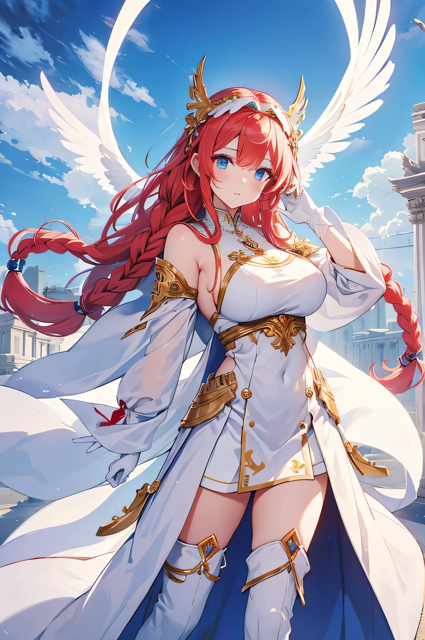 4k,High resolution,One Woman,White red hair,long hair,Braid,Blue Eyes,Big Breasts,Athena,White Holy Dress,White Holy Glove,White Holy Boots,Winged headgear,Jewelry decoration,Gold decoration,Holy Sword,Temple in the Sky