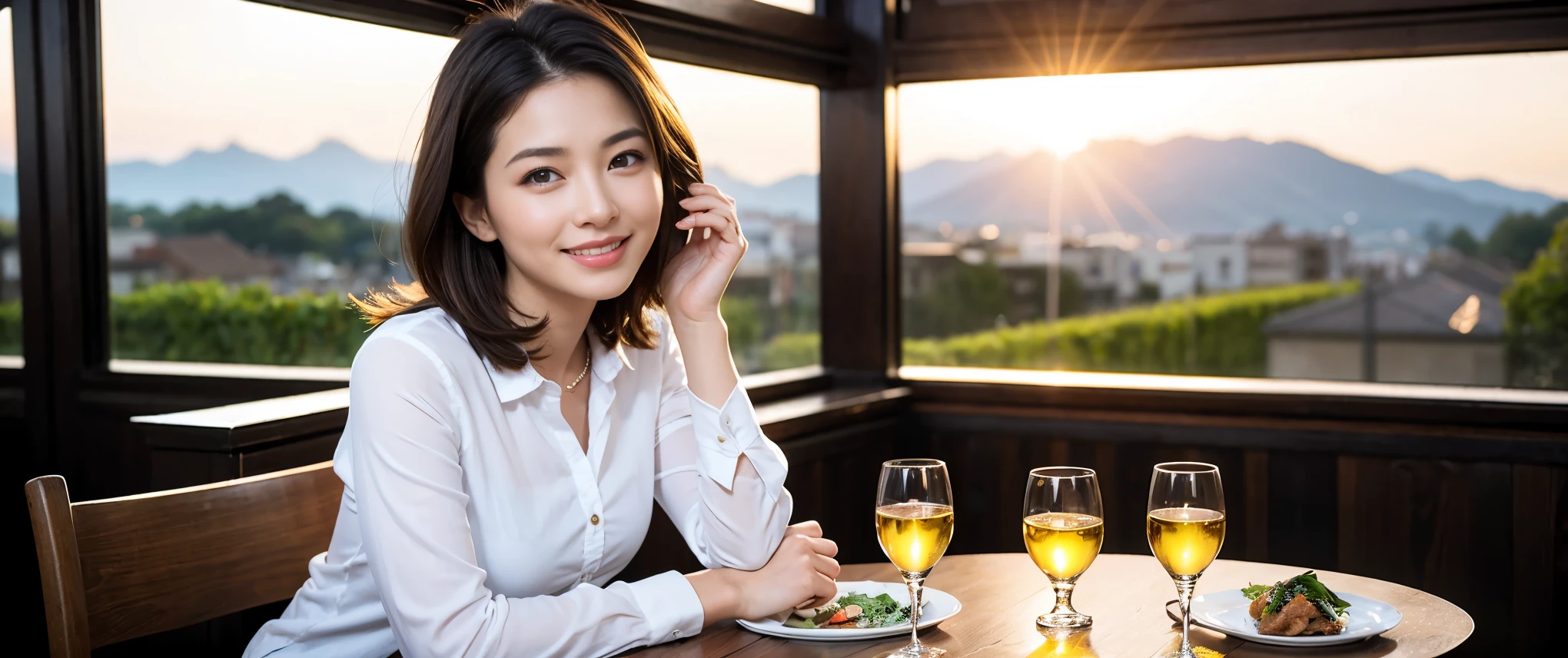 ((highest quality、8k、masterpiece:1.3))、1 male、1 female、Couple、spouse、Couple、Slim body、((Bob Hale、Straight hair:1.2)), (Realistic, Intricate details:1.2), Wine glass on the table、Shine light on your face、 Amazing view of the sunset sky and clouds、Amazing mountain views、A bright smile、The wonderfulness of smile、Bright image、The beauty of wine, Beautiful Face, blue eyes, The light shines on your face, Blushing, short hair,Bright Face、 (Age 37), 34 years old, red wine 、Appetizers、Italian food、Wine bottle、Champagne、sparkling wine、Two beauties、Brown Hair、Shortcuts、Long sleeve shirt、dress、Pretty Woman 1, (Slim face), (The body is slim), (Brown Hair), (Shortcuts), cheeks turn a little red,Attractive beauty、restaurant, In a prominent place (From the waist up) Nova Frog Style, actress, model, Upper Body, White wine, slim, wine glass, Wine glass placed in the center, smile, (smile: 1.15), Beautiful fine grain, Depth f/2,saturation, High Contrast, Strong light and shadow,Moist Body:1.5、3D texture、Delicate eyes、Brown Hair、The hair is very shiny、