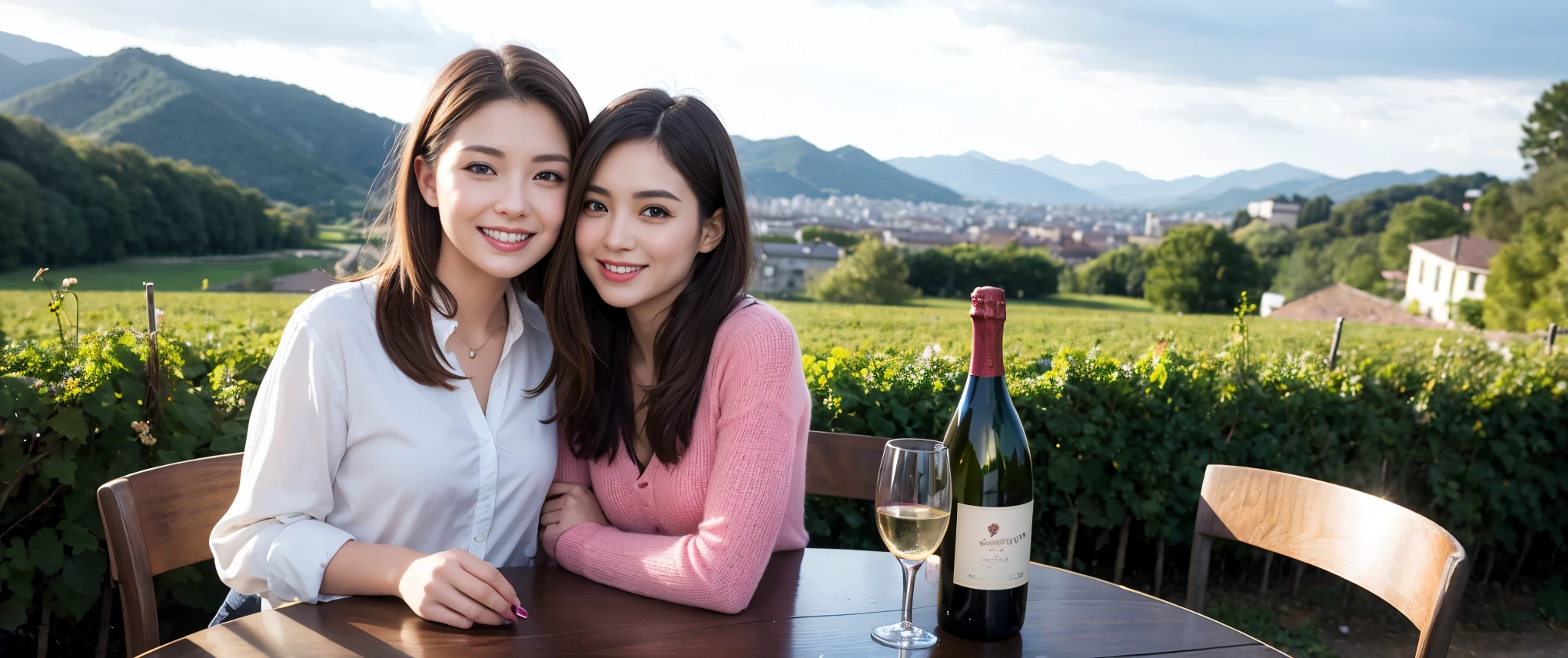 ((highest quality、8k、masterpiece:1.3))、1 male、1 female、Couple、spouse、Couple、Slim body、((Bob Hale、Straight hair:1.2)), (Realistic, Intricate details:1.2), Wine glass on the table、Shine light on your face、 Amazing view of the sunset sky and clouds、Amazing mountain views、A bright smile、The wonderfulness of smile、Bright image、The beauty of wine, Beautiful Face, blue eyes, The light shines on your face, Blushing, short hair,Bright Face、 (Age 37), 34 years old, red wine 、Appetizers、Italian food、Wine bottle、Champagne、sparkling wine、Two beauties、Brown Hair、Shortcuts、Long sleeve shirt、dress、Pretty Woman 1, (Slim face), (The body is slim), (Brown Hair), (Shortcuts), cheeks turn a little red,Attractive beauty、restaurant, In a prominent place (From the waist up) Nova Frog Style, actress, model, Upper Body, White wine, slim, wine glass, Wine glass placed in the center, smile, (smile: 1.15), Beautiful fine grain, Depth f/2,saturation, High Contrast, Strong light and shadow,Moist Body:1.5、3D texture、Delicate eyes、Brown Hair、The hair is very shiny、