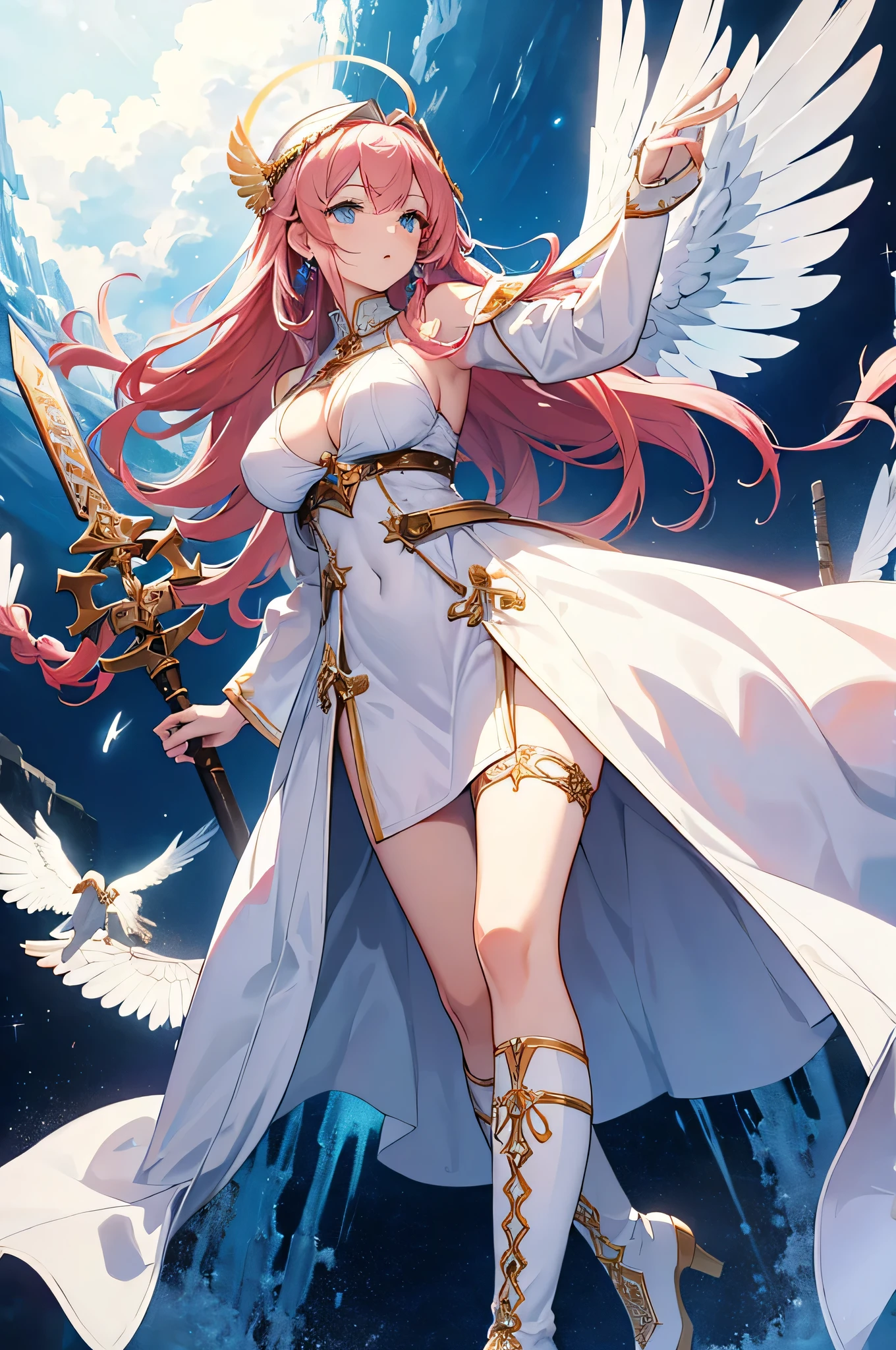 4k,High resolution,One Woman,White red hair,long hair,Braid,Blue Eyes,Big Breasts,Athena,White Holy Dress,White Holy Glove,White Holy Boots,Winged headgear,Jewelry decoration,Gold decoration,Holy Sword,Temple in the Sky