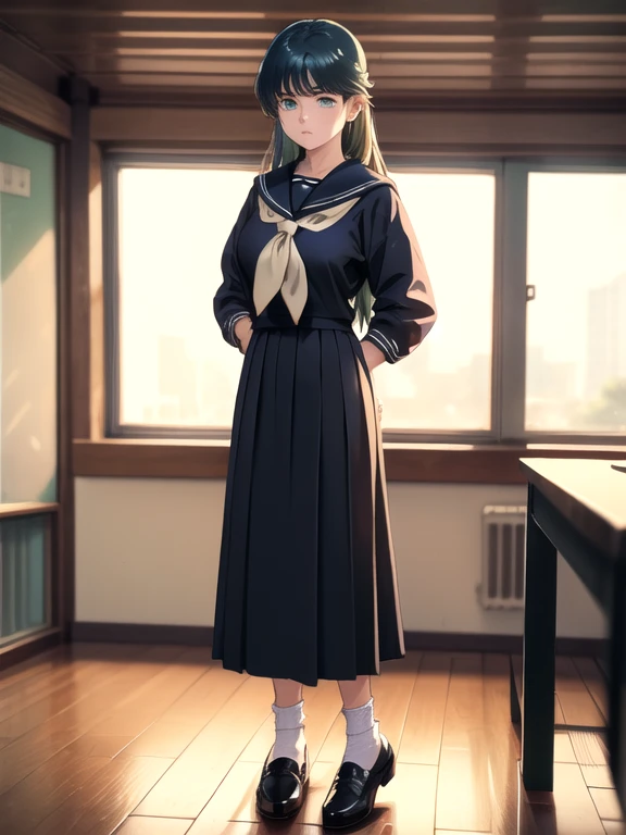 (8k、RAW Photos、highest quality、masterpiece:1.2)、(Realistic、Realistic:1.37)、Very detailed、超A high resolution、animation、Beautifully detailed face、Beautiful and detailed cat、beautifulディテールの肌、whole body、Professional Lighting、Glaring Eyes、((ayukawa madoka)), (beautiful, fine grain)、Green Eyes、(Blue Hair、Parted bangs)、Big eyes、Are standing、Navy blue socks、Black Sailor Suit、Long skirt、classroom
