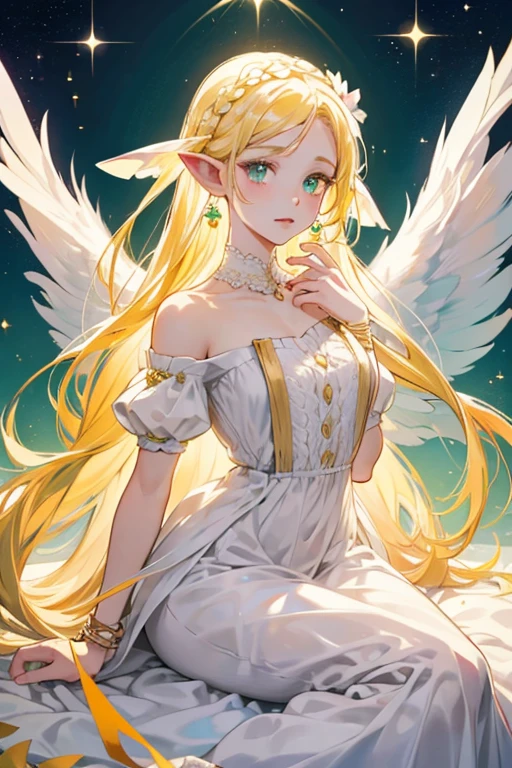 Gardenia has long yellow hair that is tied into a long braid. There are flower decorations on her hair. She has white skin, green eyes, pink cheeks, and pointy ears. There are triangle earrings on her ears. She wears a long white dress with a green gradient color in the middle of her dress. She also wears a goldish brown collar with three triangles hanging from it. She has two white pearl bracelets on her both wrists. She has white wings. SPARKLE; GLITTER