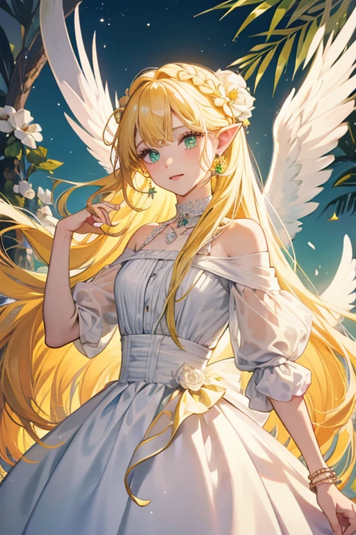 Gardenia has long yellow hair that is tied into a long braid. There are flower decorations on her hair. She has white skin, green eyes, pink cheeks, and pointy ears. There are triangle earrings on her ears. She wears a long white dress with a green gradient color in the middle of her dress. She also wears a goldish brown collar with three triangles hanging from it. She has two white pearl bracelets on her both wrists. She has white wings. SPARKLE; GLITTER