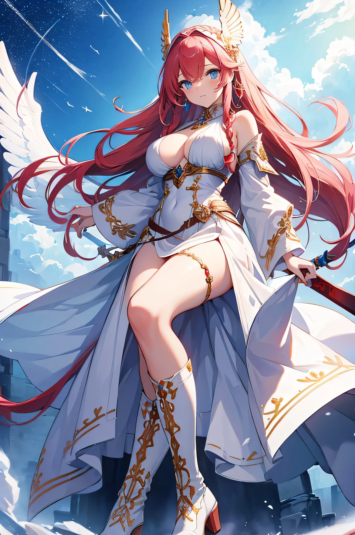 4k,High resolution,One Woman,White red hair,long hair,Braid,Blue Eyes,Big Breasts,Athena,White Holy Dress,White Holy Glove,White Holy Boots,Winged headgear,Jewelry decoration,Gold decoration,Holy Sword,Temple in the Sky