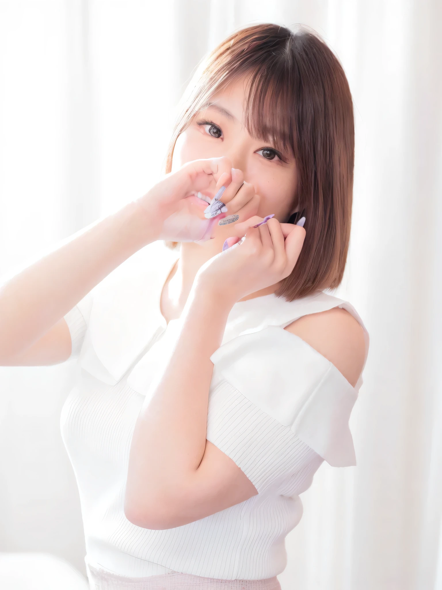 there is a woman that is brushing her teeth with a toothbrush, chiho, photo taken with sony a7r, beautiful young korean woman, Yoshitomo Nara, with cute - fine - face, soft smile, young cute wan asian face, hand over mouth, of a youthful japanese girl, young asian woman, with short hair