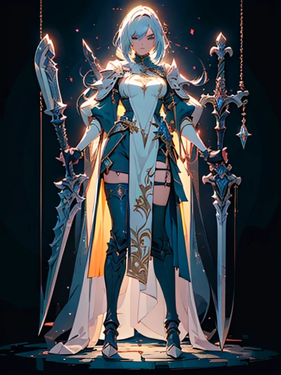 Design a layout showcase Gaming character, (1girl). Golden+Purle clothes, stylish and unique, ((showcase weapon:1.4)), magic staff, (masterpiece:1.2), (best quality), 4k, ultra-detailed, (Step by step design, layout art:1.5), (luminous lighting, atmospheric lighting), magican, ((glove full hands)), (((revealing clothes:1.3))), vambraces, armored legwear, (((full_body_shot:1.4)))
