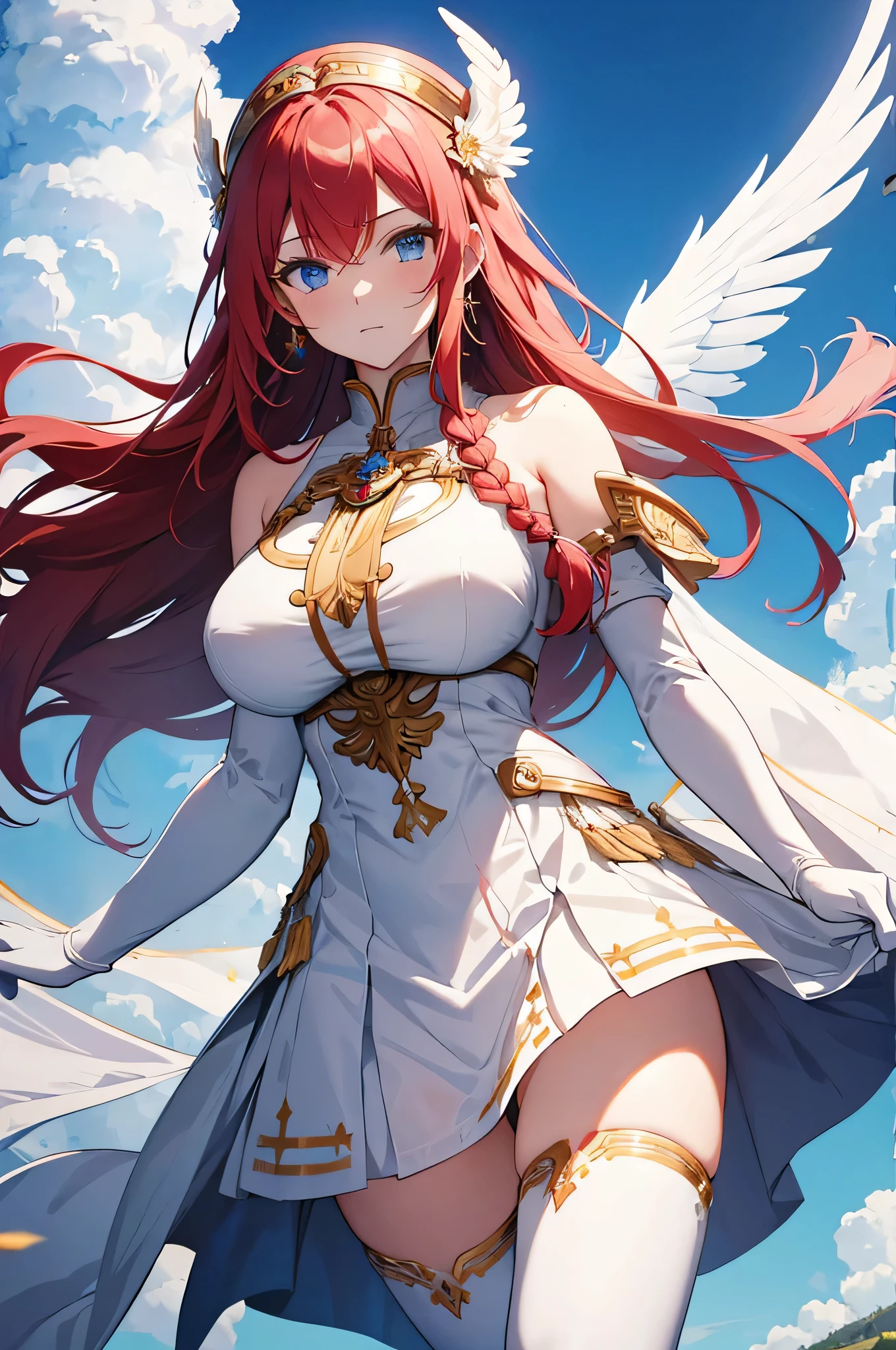 4k,High resolution,One Woman,White red hair,long hair,Braid,Blue Eyes,Big Breasts,Athena,White Holy Dress,White Holy Glove,White Holy Boots,Winged headgear,Jewelry decoration,Gold decoration,Holy Sword,Temple in the Sky