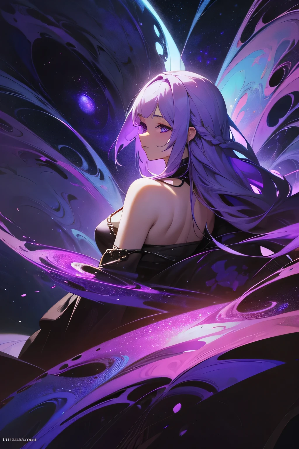 masterpiece, top quality, super detailed, high resolution, (ink painting style), excellent ???????, 1 beautiful woman, realist, (official art, beauty, atmospheric, cosmic, gothic, psychedelic, dreamlike), fractal art, gorgeous, (abstract background:1.5), looking back over shoulder, purple hair, purple eyes, long hair, white hair, double braids, gradient hair, Japanese folk style, best light, best shadow, mysterious, perfect face, highly detailed,