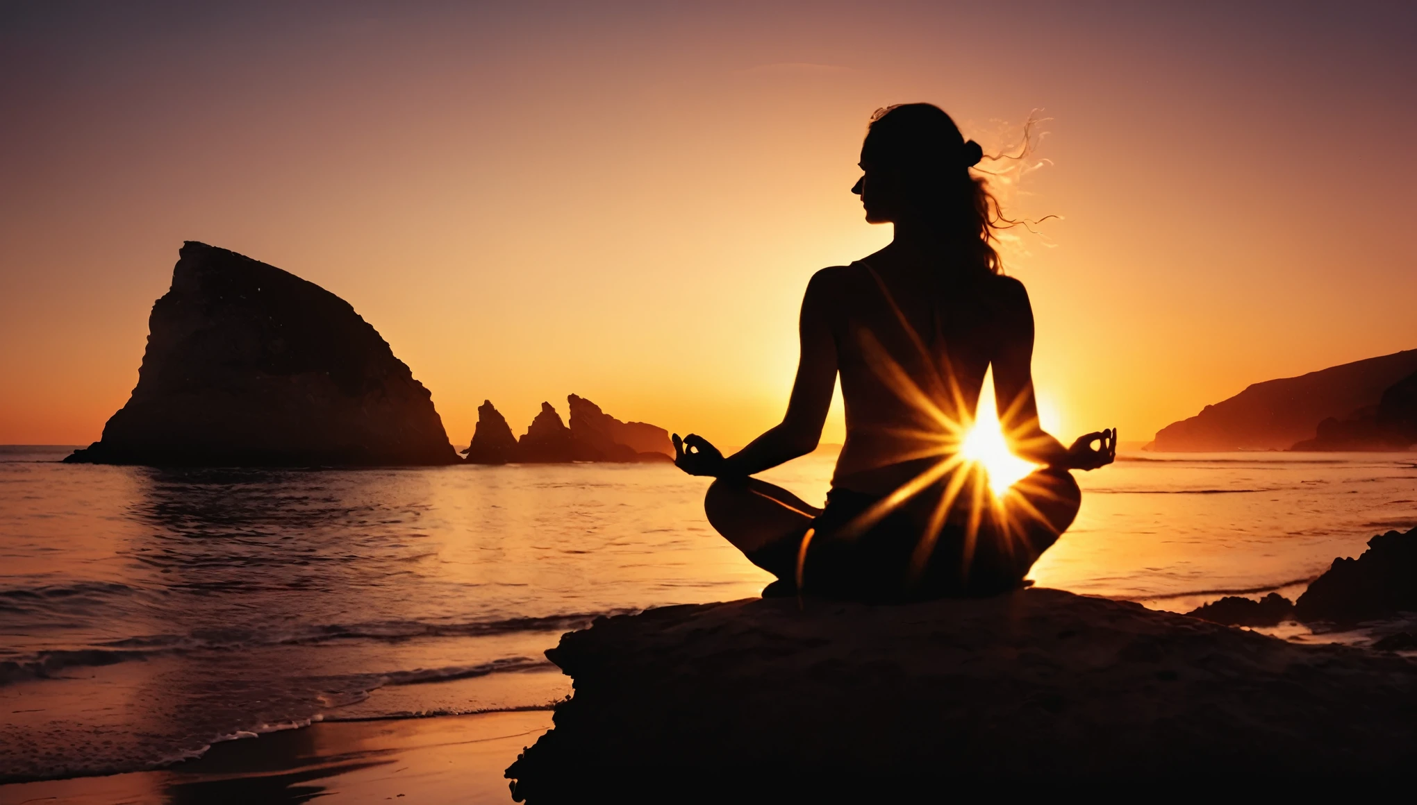 meditation, alta qualidade, 8k ultra-hd, A beautiful Double exposure that combines an goddess silhouette with sunset coast, the sunset coast should serve as the underlying backdrop, with its details incorporated into the meditating goddess, sharp lines, The background is monochromatic, sharp focus, Double exposure, amazing full color