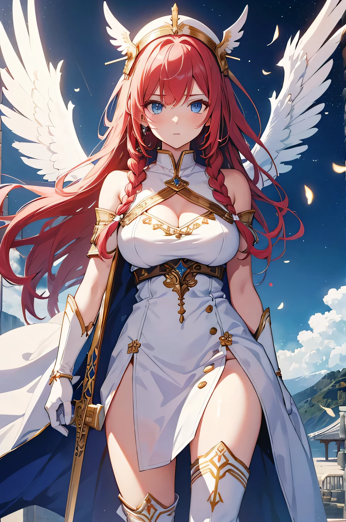 4k,High resolution,One Woman,White red hair,long hair,Braid,Blue Eyes,Big Breasts,Athena,White Holy Dress,White Holy Glove,White Holy Boots,Winged headgear,Jewelry decoration,Gold decoration,Holy Sword,Temple in the Sky