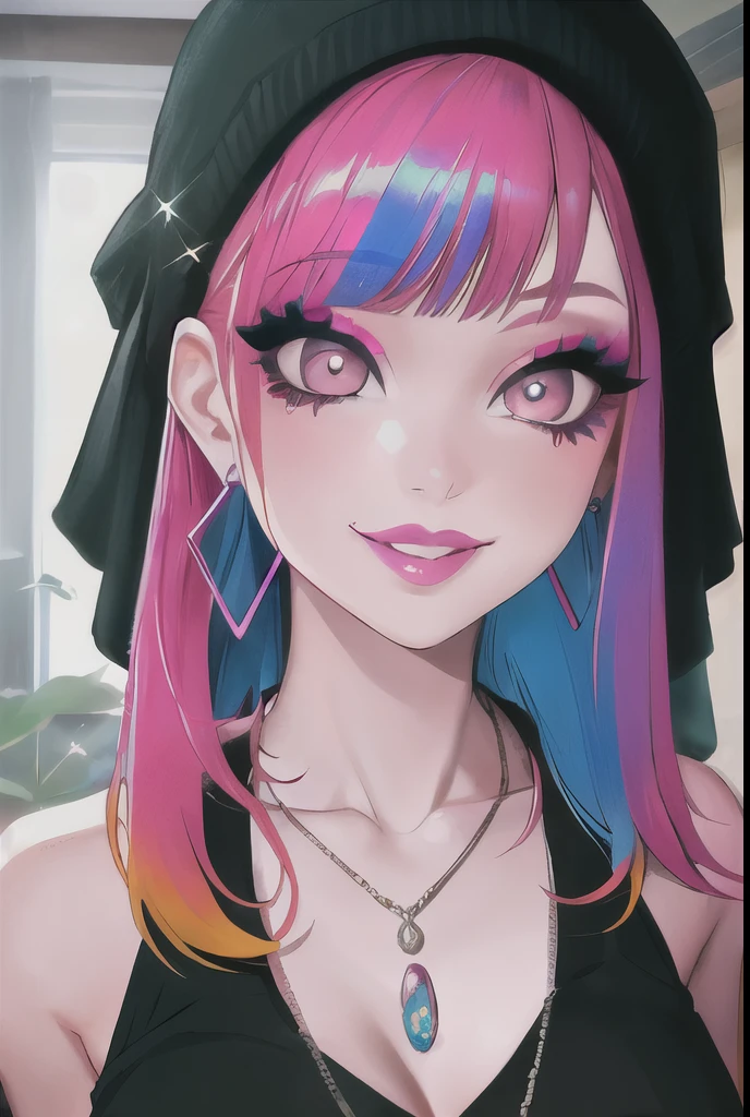1girl, Holo-Punk Style, rainbow hair, earrings, eyelashes, grin, indoors, jewelry, lips, makeup, necklace, goth