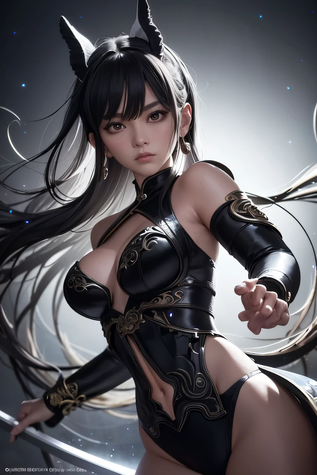 Masterpiece, Best Quality, Ultra-Detailed, Photorealistic Portrayal of Young Chi-Chi from Dragon Ball, Elongated, Solo Performance, Celestial Expanses as Backdrop, Hollow Letters that Glow in the Ancient Chinese Style, Black and Gray Tonal Palette, Hazy Atmosphere, Sword-Wielding Fairy, Cinematic Shot, Low-Angle View, Distinctive Young Female Protagonist, Exceptionally Attractive, Large Eyes, Eye-Focused Composition, Close-Up Framing, Aloof and Indifferent Demeanor, Intricate Details, Cinematic Lighting,