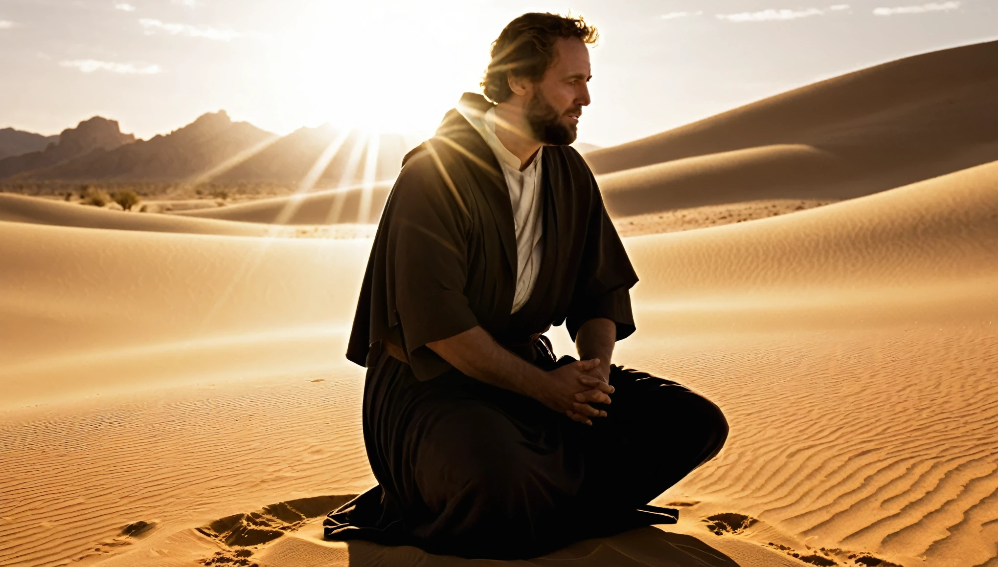 Create "Paul" the Apostle of Jesus on his knees in the desert in front of a light, a silhouette of strong and bright light