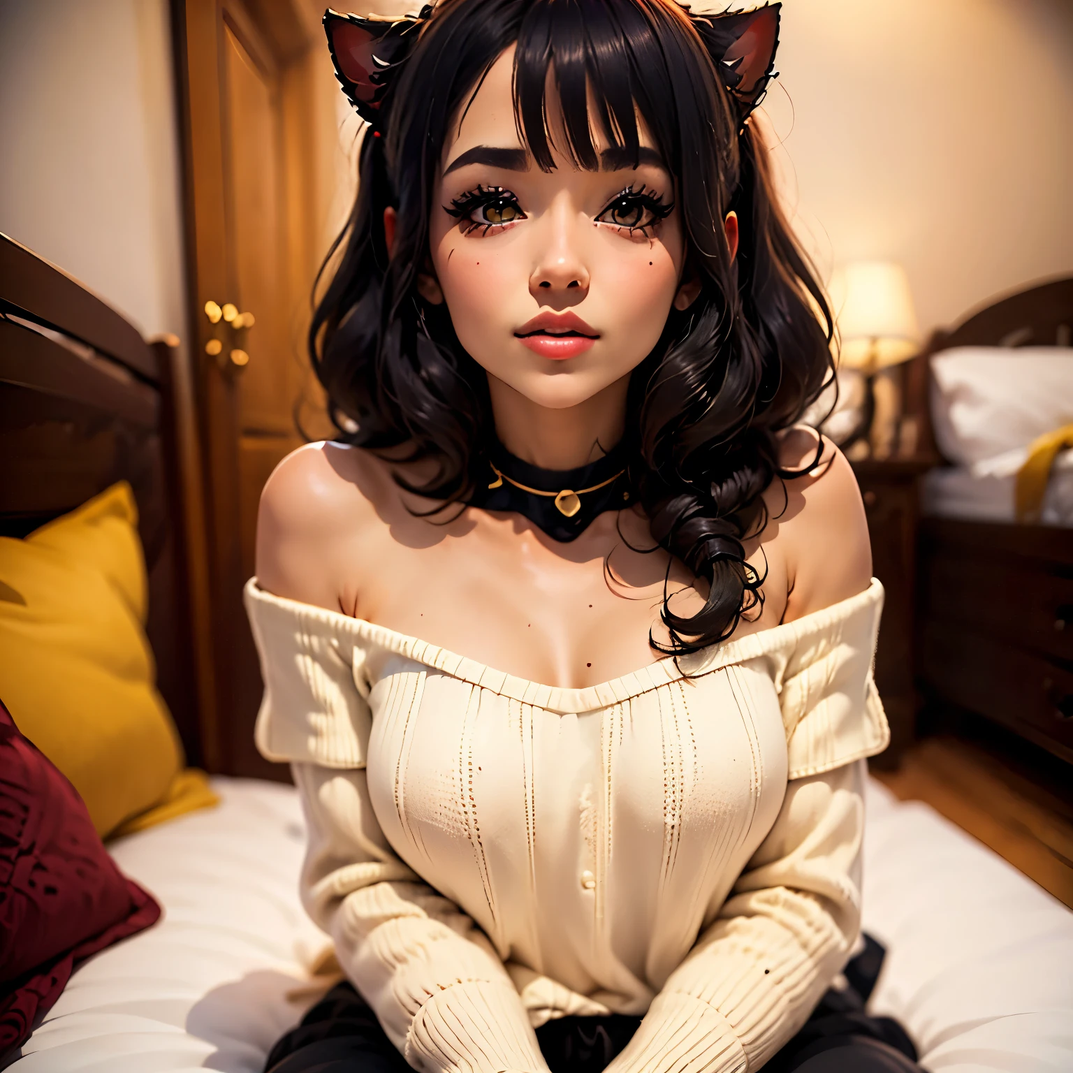 (mejor calidad,4k,8K,high resolution,obra maestra:1.2),ultra detallado,(realista,photorealista,photo-realista:1.37),((junkotvv)),retratos,sexy,lindo,hermoso rostro,mirada intensa,sonrojo sonriente,pelo negro orejas de gato,flequillo,anteojos, ojos rojos,purple off shoulder knitted sweater,hombros descubiertos,pantalones negros,acostado en la cama,cabeza en la almohada,enfrentando,pecho mediano,escote,Cuerpo perfecto