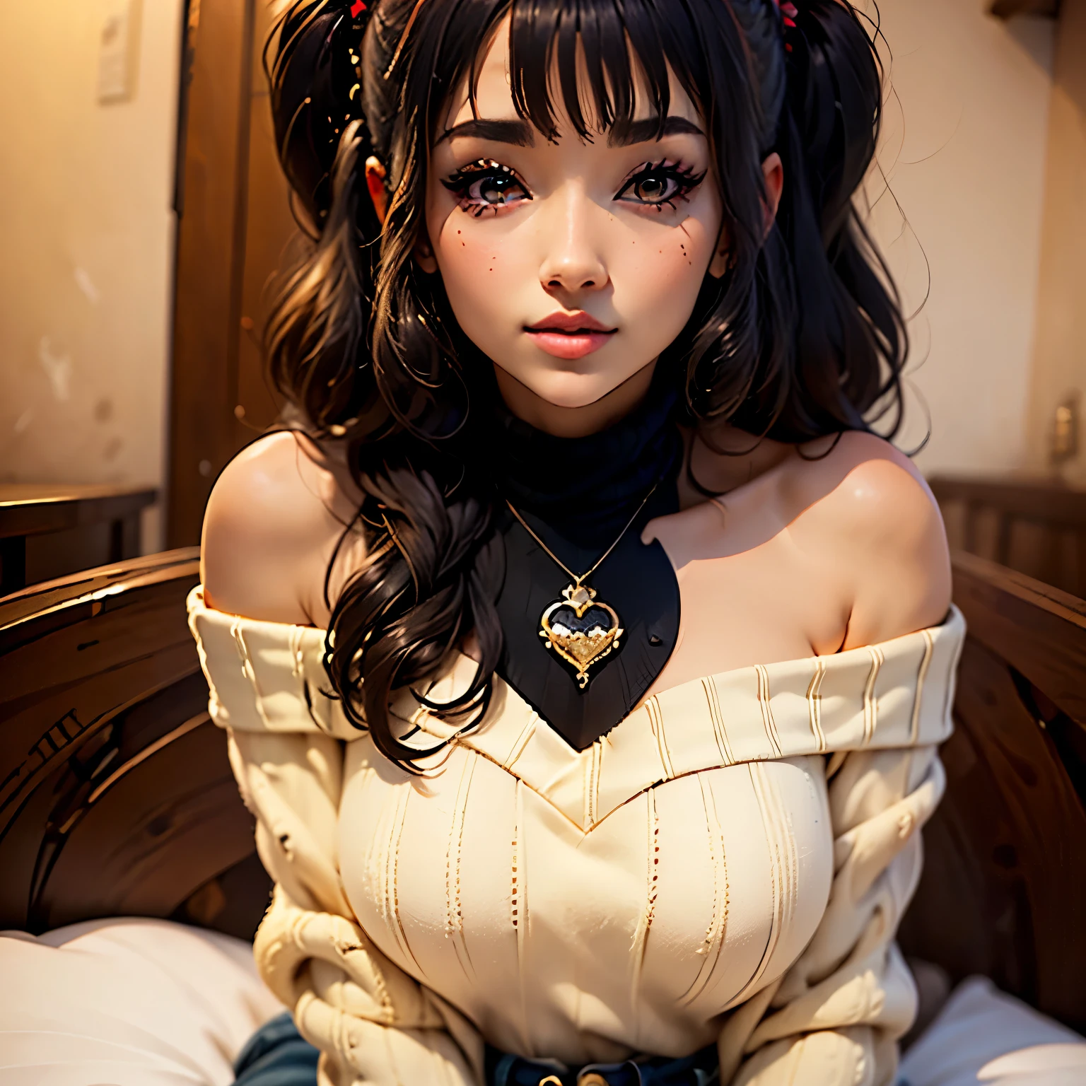 (mejor calidad,4k,8K,high resolution,obra maestra:1.2),ultra detallado,(realista,photorealista,photo-realista:1.37),((junkotvv)),retratos,sexy,lindo,hermoso rostro,mirada intensa,sonrojo sonriente,pelo negro orejas de gato,flequillo,anteojos, ojos rojos,purple off shoulder knitted sweater,hombros descubiertos,pantalones negros,acostado en la cama,cabeza en la almohada,enfrentando,pecho mediano,escote,Cuerpo perfecto