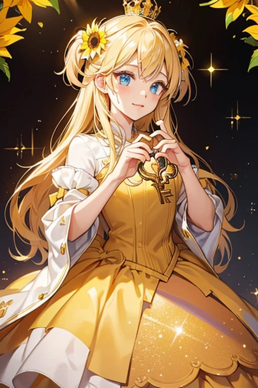 her key changes to yellow with a small crown on top of the heart-outlined handle, a heart-shaped decor below the handle, and the sunflower crest is placed on a golden base. SPARKLE; GLITTER