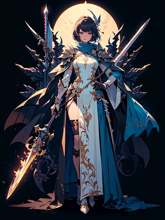 Design a layout showcase Gaming character, (1girl). Golden+Purle clothes, stylish and unique, ((showcase weapon:1.4)), magic staff, (masterpiece:1.2), (best quality), 4k, ultra-detailed, (Step by step design, layout art:1.5), (luminous lighting, atmospheric lighting), magican, ((glove full hands)), (((revealing clothes:1.3))), vambraces, armored legwear, (((full_body_shot:1.4)))