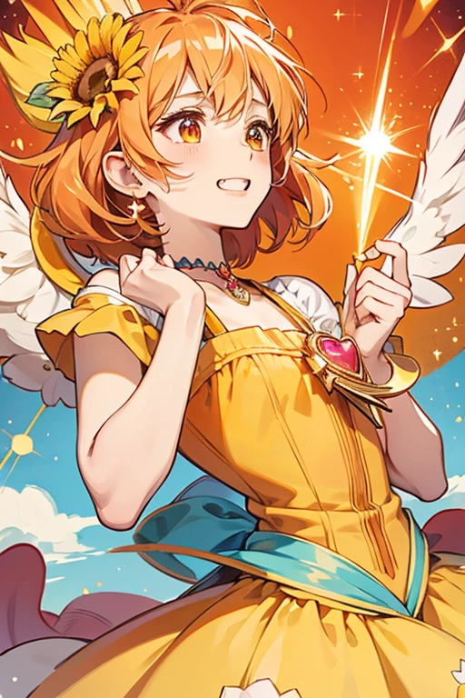 Himawari's Fairilu Key is colored orange. The handle is outlined and heart shaped, with a sunflower crest inside, adorned by a red gem. The heart is placed on top of another small heart with two small wings. The key's teeth is shaped with a capital 'F' placed on its long side. SPARKLE; GLITTER