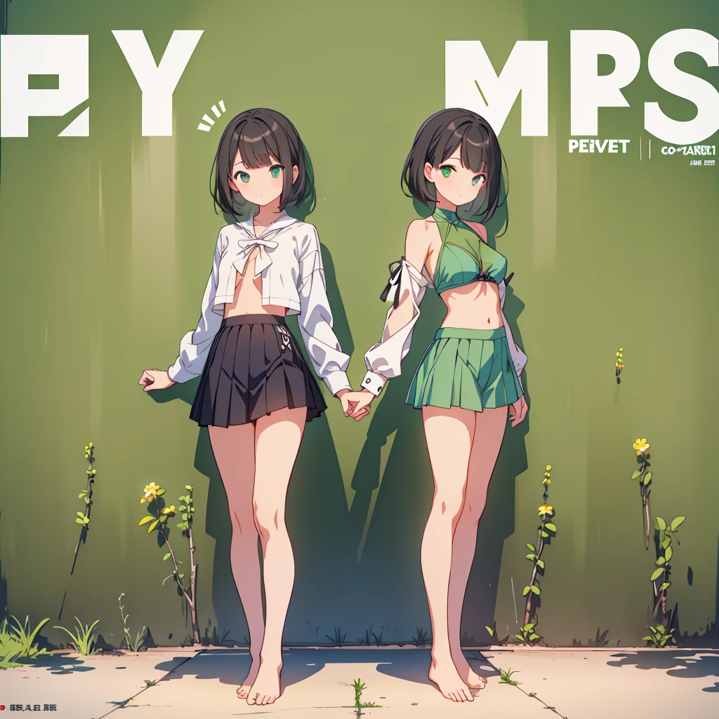 Magazine Cover、1girl、Standing in front of the viewer、vtuber-fullbody、highest quality、Masterpiece、Official Art、The best composition、Super detailed、short hair、Simple bikini、Small breasts、barefoot、Upright Pose、Character Design、Front standing portrait、Simple green background、
(Perfect hands, Perfect Anatomy),