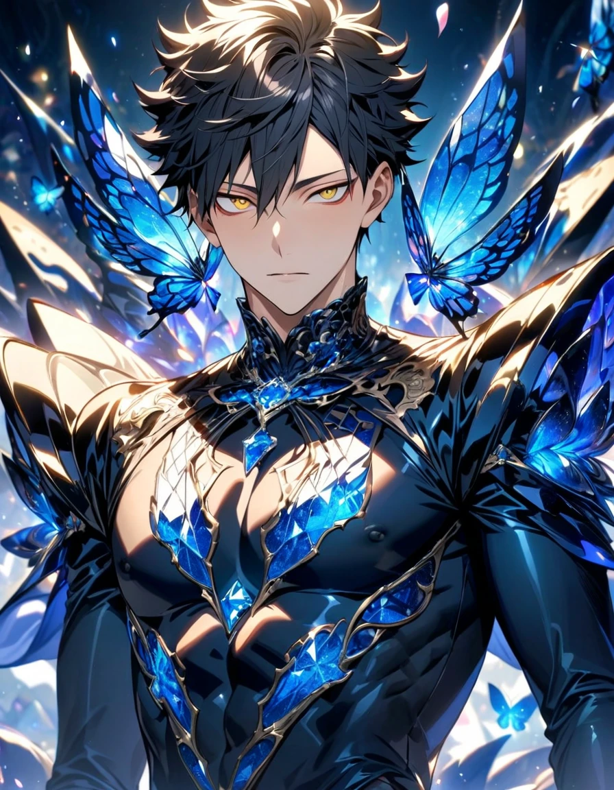 Ultra detailed, Highres, absurdres, HDR, Kuroo Tetsurou, black hair, expressive golden eyes, blue coat with patterns, Haikyuu, black shirt, fantasy, glittering blue butterflies, sapphire, petals, handsome, sexy man, very detailed eyes and face, master piece, glittering, blue lotus, handsome, toned chest, magical, best quality, perfect features, glass sculptures, blue crystal, blue background,