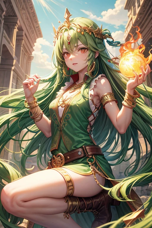 Woman in her 30s, long green hair, long messy hair, red eyes, djinn clothing, green open sleeveless vest, green vest with yellow Arabic print, golden Arabic pants, golden belt, djinn bracelet with gems, blue boots, boots brown, phosphorescent green tattoos, surrounded by fire and green smoke with magic circles with chains tied to hands and feet surrounded by white chains on a background of Arab ruins. with magic circles and a crown of fire on his head, slim build