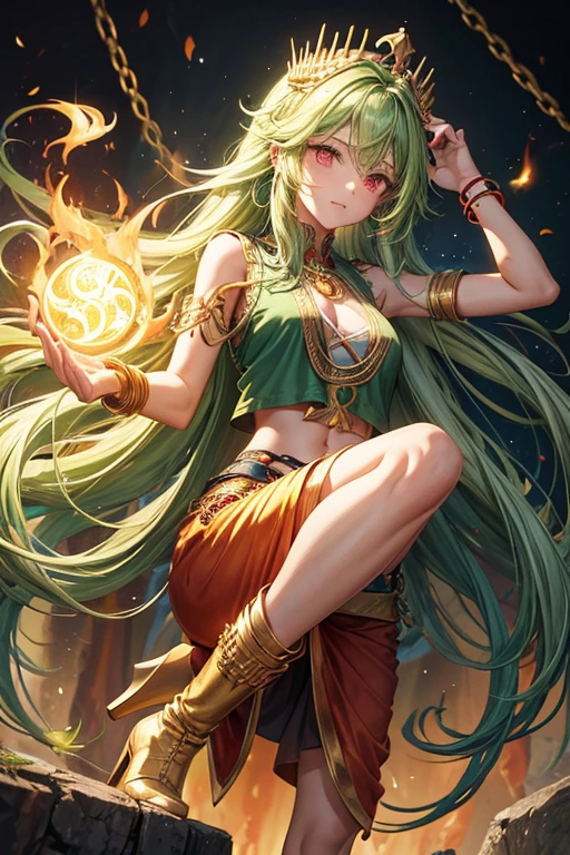 Woman in her 30s, long green hair, long messy hair, red eyes, djinn clothing, green open sleeveless vest, green vest with yellow Arabic print, golden Arabic pants, golden belt, djinn bracelet with gems, blue boots, boots brown, phosphorescent green tattoos, surrounded by fire and green smoke with magic circles with chains tied to hands and feet surrounded by white chains on a background of Arab ruins. with magic circles and a crown of fire on his head, slim build