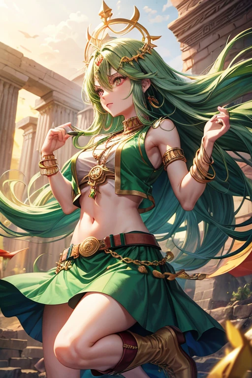 Woman in her 30s, long green hair, long messy hair, red eyes, djinn clothing, green open sleeveless vest, green vest with yellow Arabic print, golden Arabic pants, golden belt, djinn bracelet with gems, blue boots, boots brown, phosphorescent green tattoos, surrounded by fire and green smoke with magic circles with chains tied to hands and feet surrounded by white chains on a background of Arab ruins. with magic circles and a crown of fire on his head, slim build