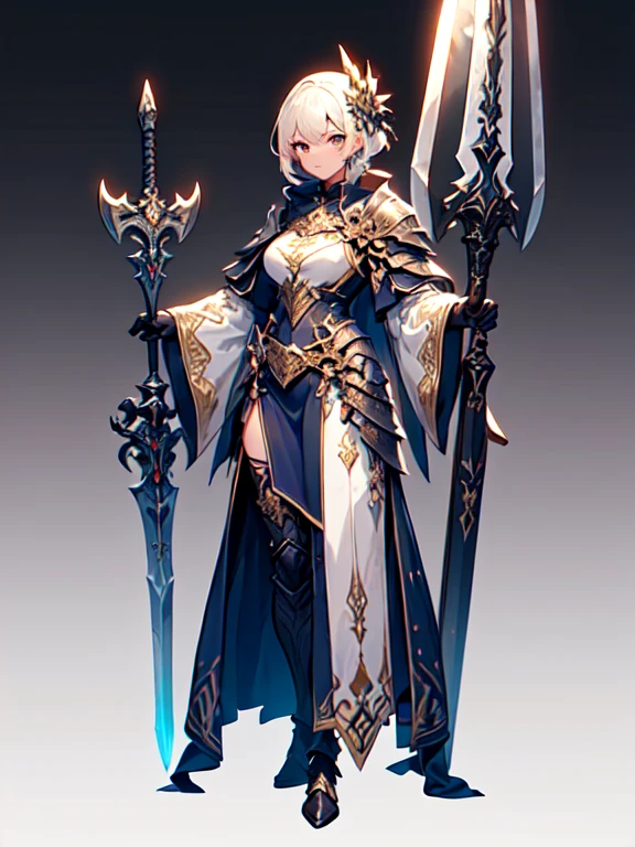 Design a layout showcase Gaming character, (1girl). Golden+Purle clothes, stylish and unique, ((showcase weapon:1.4)), magic staff, (masterpiece:1.2), (best quality), 4k, ultra-detailed, (Step by step design, layout art:1.5), (luminous lighting, atmospheric lighting), magican, ((glove full hands)), (((revealing clothes:1.3))), vambraces, armored legwear, (((full_body_shot:1.4)))