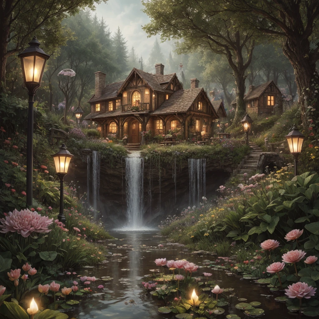 trending on Artstation, cute fantasy highly detailed, surrealistic, birds, butterflies, cute fantasy cartoon, flowers, swirls, pearls, woodland, mushrooms, cute fantasy fairy butterflies, cute fairy birds, water lilies, elf, elves, roses, peonies, dandelions, fairy woodland, forest, cute, fantasy, swirl, fairy flowers, fairy mushrooms, fairy trees, meadow, field, lanterns, candles, light, lake, water, raindrops, waterstream, soap bubbles, huge mushrooms, houses, huts, fantasy fairy girls, people, humans, lampposts, lamp posts, water fountain, fairyland portal, portal to fairyland, huge mushrooms, subsurface scattering, ultra hd, 4k, high def, Photorealistic, Hyperrealistic, Hyper detailed, analog style, realistic, masterpiece, best quality, ultra realistic, 8k, Intricate, High Detail, film photography, soft lighting,  heavy shadow