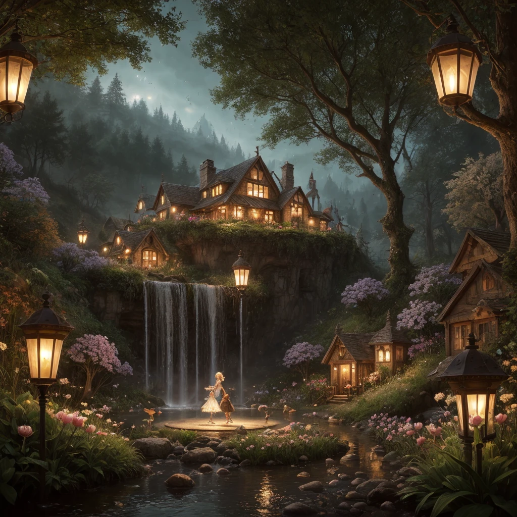 trending on Artstation, cute fantasy highly detailed, surrealistic, birds, butterflies, cute fantasy cartoon, flowers, swirls, pearls, woodland, mushrooms, cute fantasy fairy butterflies, cute fairy birds, water lilies, elf, elves, roses, peonies, dandelions, fairy woodland, forest, cute, fantasy, swirl, fairy flowers, fairy mushrooms, fairy trees, meadow, field, lanterns, candles, light, lake, water, raindrops, waterstream, soap bubbles, huge mushrooms, houses, huts, fantasy fairy girls, people, humans, lampposts, lamp posts, water fountain, fairyland portal, portal to fairyland, huge mushrooms, subsurface scattering, ultra hd, 4k, high def, Photorealistic, Hyperrealistic, Hyper detailed, analog style, realistic, masterpiece, best quality, ultra realistic, 8k, Intricate, High Detail, film photography, soft lighting,  heavy shadow