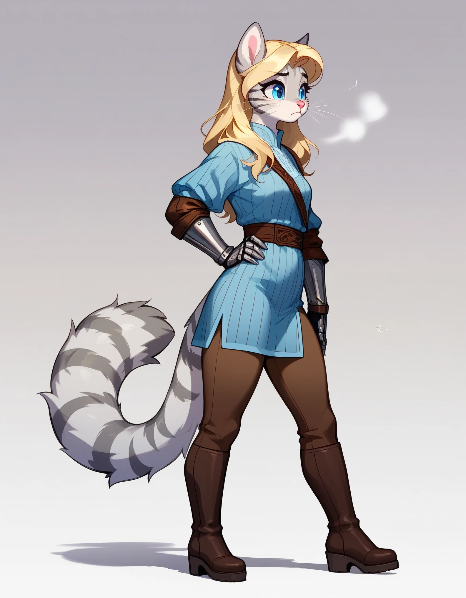 Solo, score_9,score_8_up,score_7_up, source_furry, ((Kat, Anthro furry feline girl, tall body, adult female, blue eyes, silver fur, grey stripes, blonde hair with pony tail, :3, white whiskers, pink nose)), wearing simple blue long sleeve tunic, brown leather gauntlets, light brown tight pants, brown wedge heel boots, standing, one hand on hip, sad eyes, eyes, half open, mouth open, visible sigh, breathe puff, she is sweating, simple white background, full body shot, side view