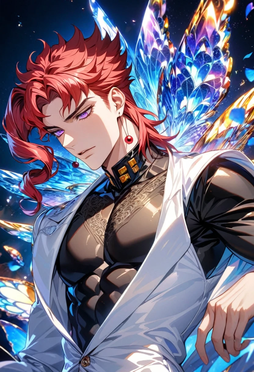 absurdres, highres, ultra detailed, HDR, master piece, best quality, Noriaki Kakyoin, red hair, expressive purple eyes, Jojo's bizarre adventure, solo, sexy man, handsome, toned chest, white jacket, black shirt, patterns, magical, fantasy, blue background, blue lotus, shining, blue petals, blue glittering butterflies, glass sculptures