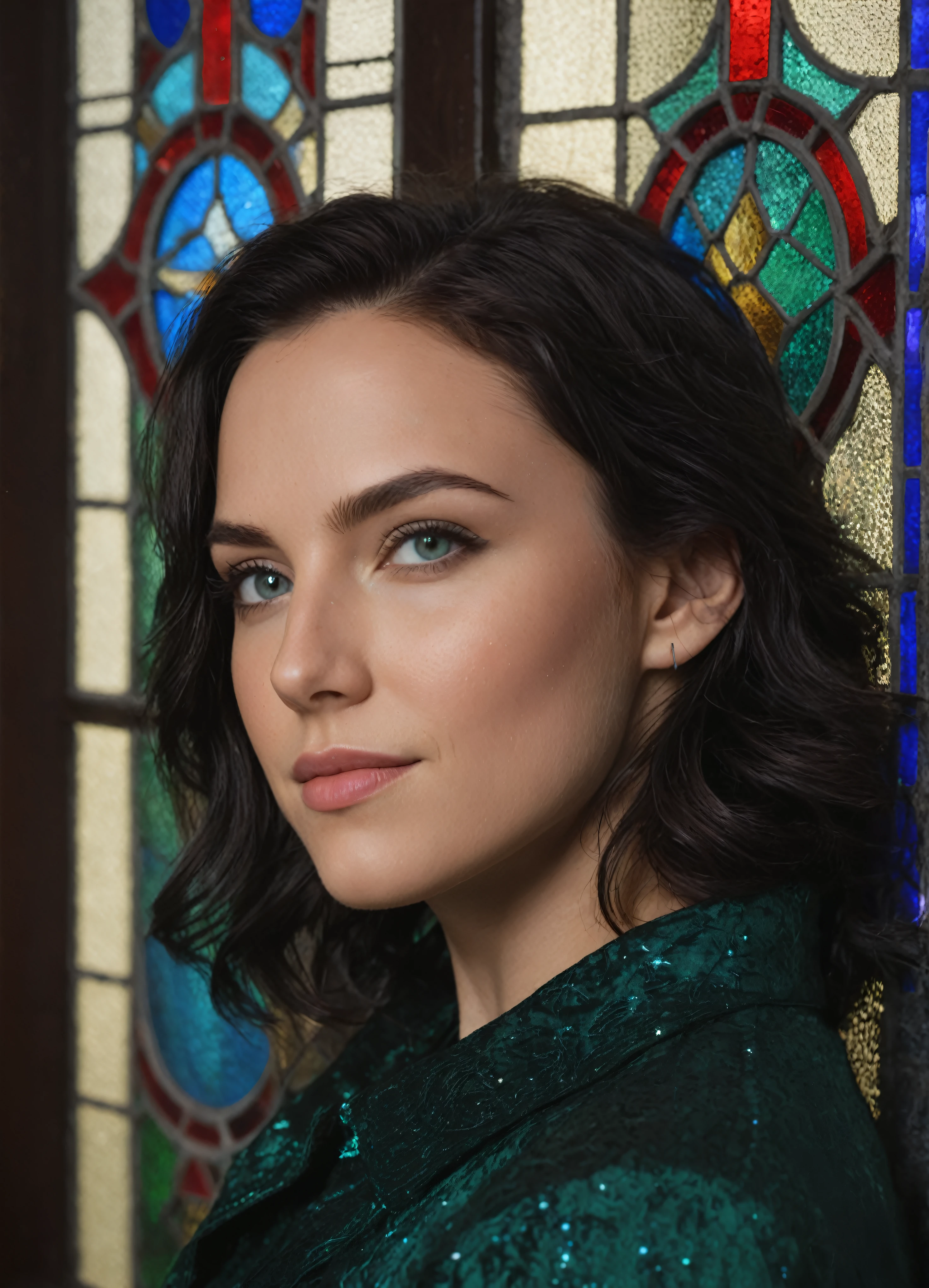 close POV, young adult woman, blue purple green color palette, black hair with dark green shine, big blue eyes sparkling, rings around eyes, two-tone black and red, smiling at the camera, elegant pose, looking at the viewer, vivid stained glass window background, character portrait, award-winning photography, vivid colors, skin blemishes, pores, atmospheric, cinematic, moody, rule of thirds, majestic, perfect anatomy cowboy shot, contraposto, unreal engine 5, volumetric lighting, stop motion, hyperfocus, tonemapping, sharp focus, (beautiful face:1.15), (nixeu_soft:0.7), (nixeu_white:0.7),