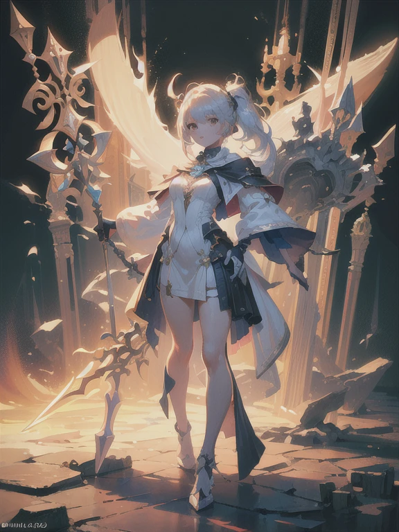 Design a layout showcase Gaming character, (1girl). Golden+Purle clothes, stylish and unique, ((showcase weapon:1.4)), magic staff, (masterpiece:1.2), (best quality), 4k, ultra-detailed, (Step by step design, layout art:1.5), (luminous lighting, atmospheric lighting), magican, ((glove full hands)), (((revealing clothes:1.3))), vambraces, armored legwear, (((full_body_shot:1.4)))
