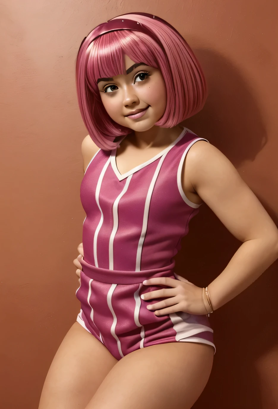 (Betrachter betrachten:1.2), (((1 girl))), (((Allein))), mit kurzen rosa Haaren , Gestreiftes Kleid, reddened cheeks:1.3, Best quality, extrem detailliert, detaillierte Augen:1.3, Meisterwerk, 32k, ROH, Extrem niedlich, (((Herzen:1.3))), Nice, (reddened cheeks:1.3), ((dynamische pose:1.2)), age girl, kurzer minirock, curvy body, (( stephanie from lazy town)), (deep cleavage), sexy